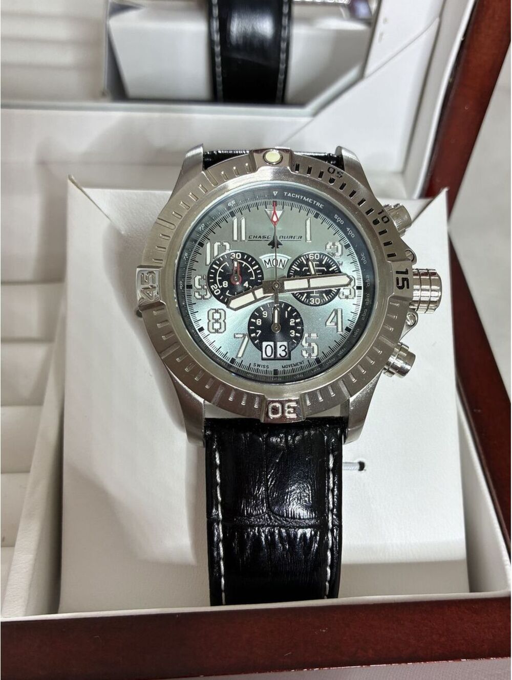 Chase‑Durer Air Fighter Swiss Chronograph Watch Silver Bezel Black Leather Strap
